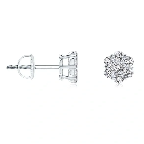 Nice Flower White Gold Iced Sterling Silver Cluster Screw Back Stud Earrings - Picture 1 of 5